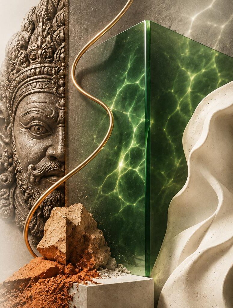 Sri Lankan guardian carving beside a luminous green resin form