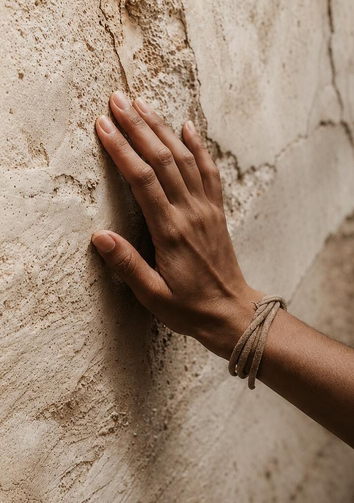 Hand resting on a hand-finished plaster surface